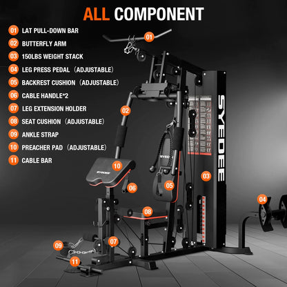 Home Gym Station, Workout Station with 150LBS Weight Stack, Home Gym Equipment for All Body Training.